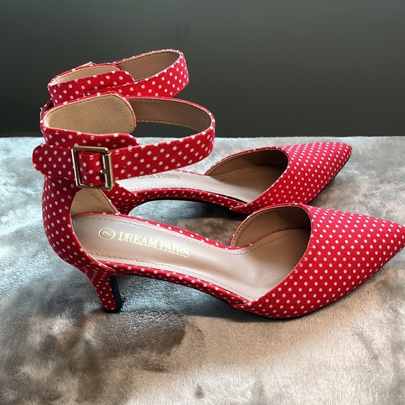Red & White super cute sexy low heels Anke strap fabric  size 7 ladies - Picture 2 of 11